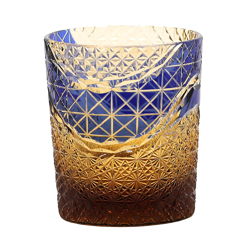 JP-038  250 ml  Japanesque Style Blue and Amber Color Cased Glass Whiskey Tumblers with Hand Engraved Mountain Chrysanthemum Pattern