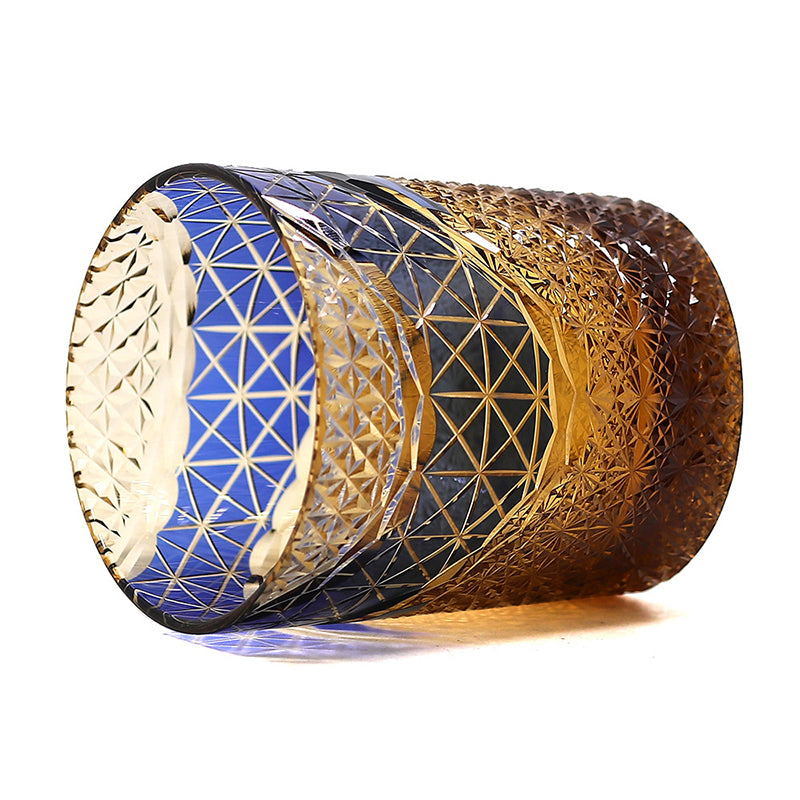 JP-038  250 ml  Japanesque Style Blue and Amber Color Cased Glass Whiskey Tumblers with Hand Engraved Mountain Chrysanthemum Pattern
