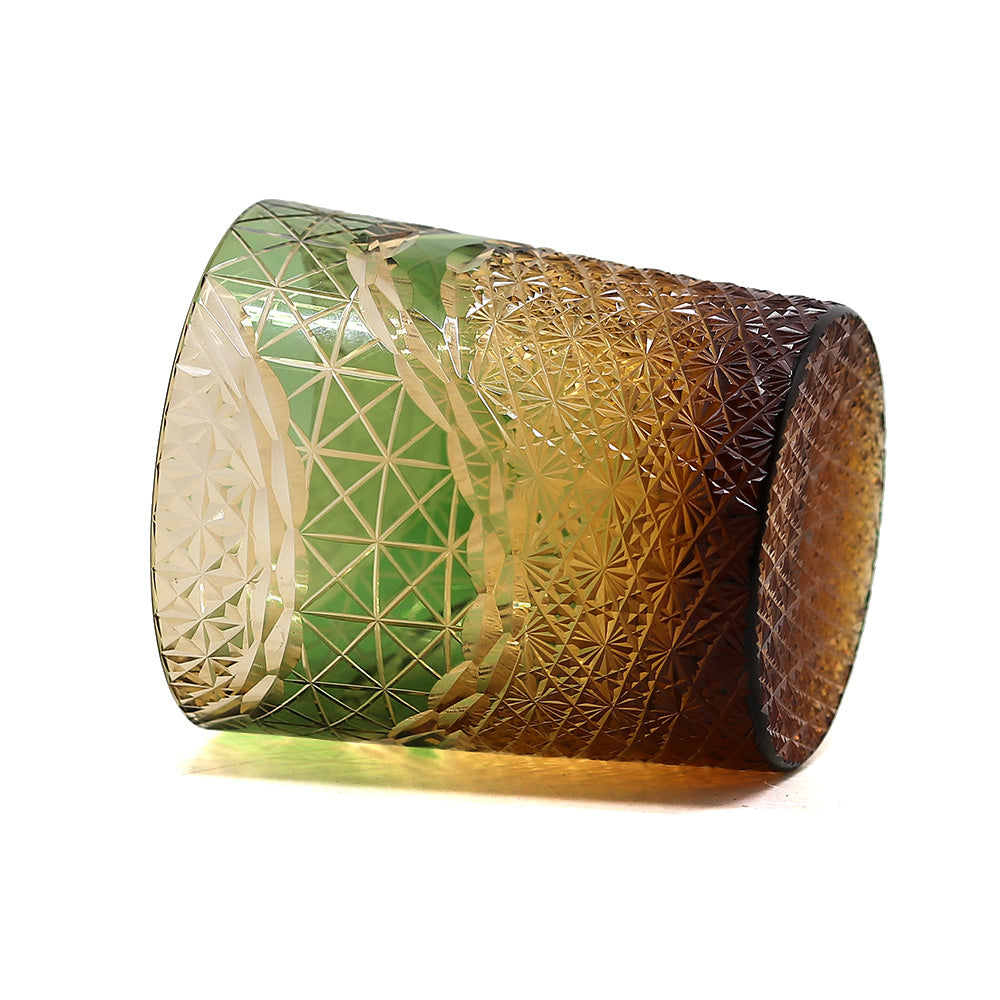 JP-038  250 ml  Japanesque Style Green and Amber Color Cased Glass Whiskey Tumblers with Hand Engraved Mountain Chrysanthemum Pattern