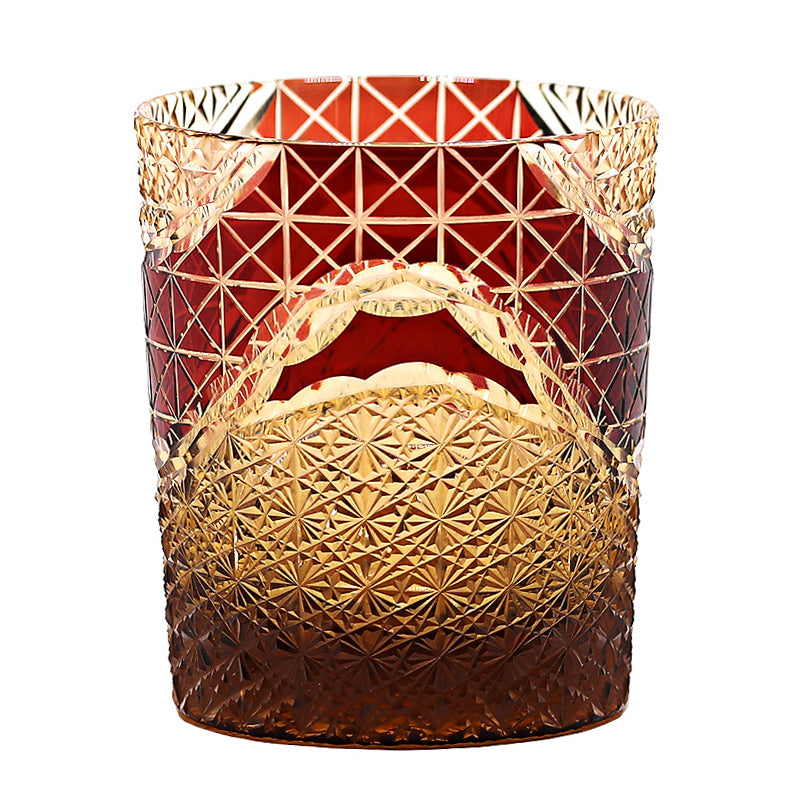 JP-038  250 ml  Japanesque Style Ruby Red and Amber Color Cased Glass Whiskey Tumblers with Hand Engraved Mountain Chrysanthemum Pattern