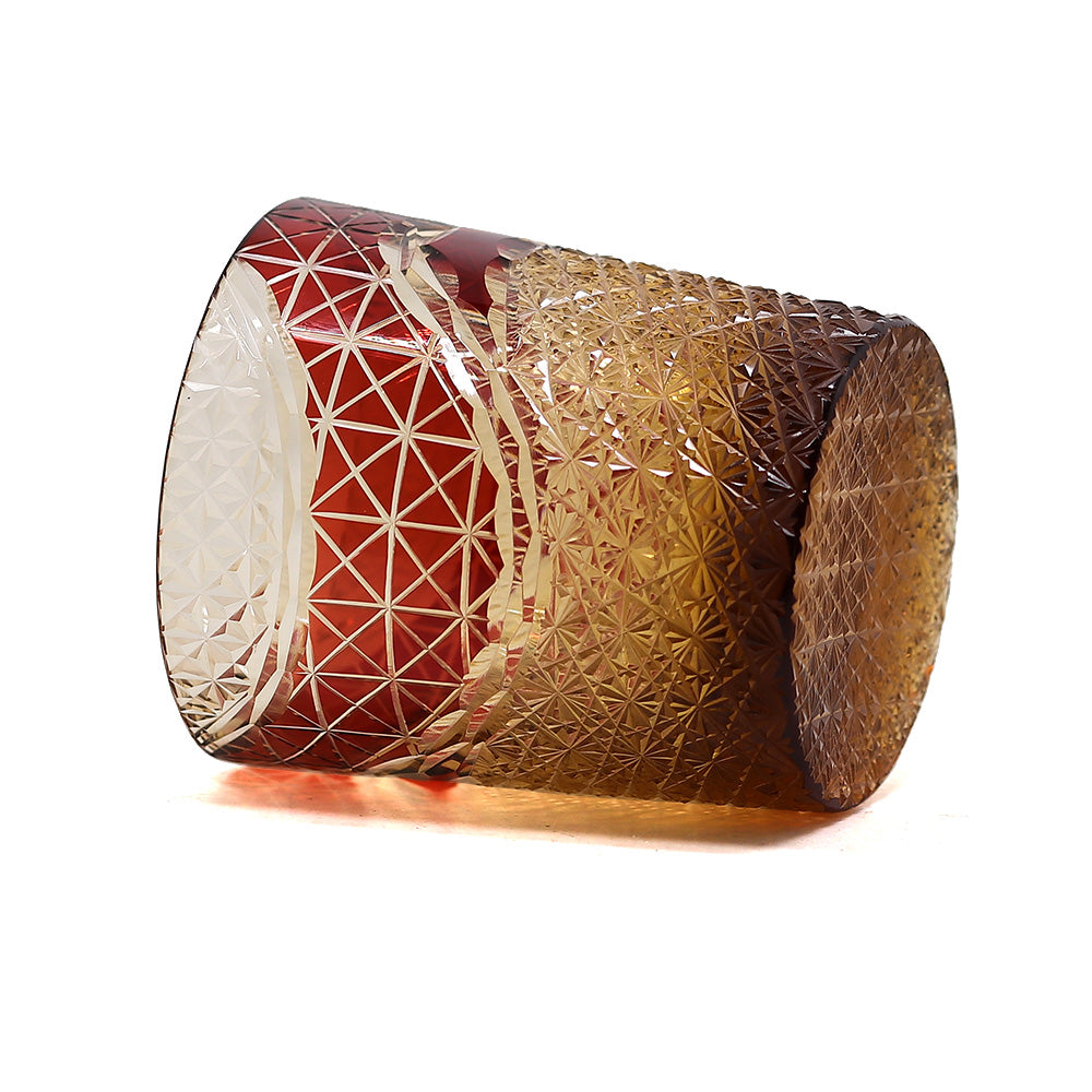 JP-038  250 ml  Japanesque Style Ruby Red and Amber Color Cased Glass Whiskey Tumblers with Hand Engraved Mountain Chrysanthemum Pattern
