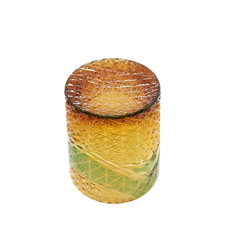 JP-038  250 ml  Japanesque Style Green and Amber Color Cased Glass Whiskey Tumblers with Hand Engraved Mountain Chrysanthemum Pattern