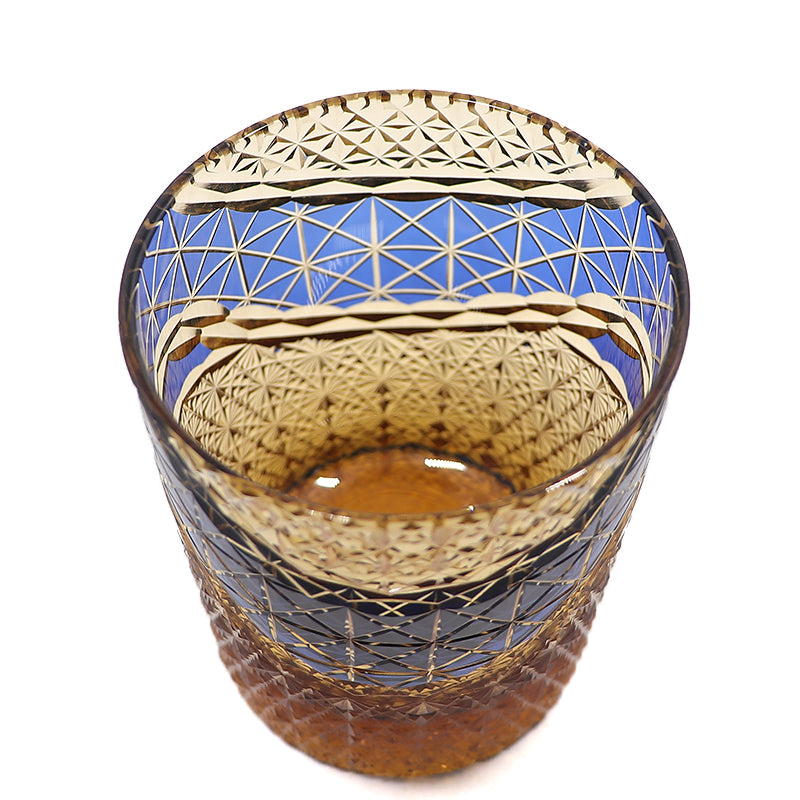 JP-038  250 ml  Japanesque Style Blue and Amber Color Cased Glass Whiskey Tumblers with Hand Engraved Mountain Chrysanthemum Pattern