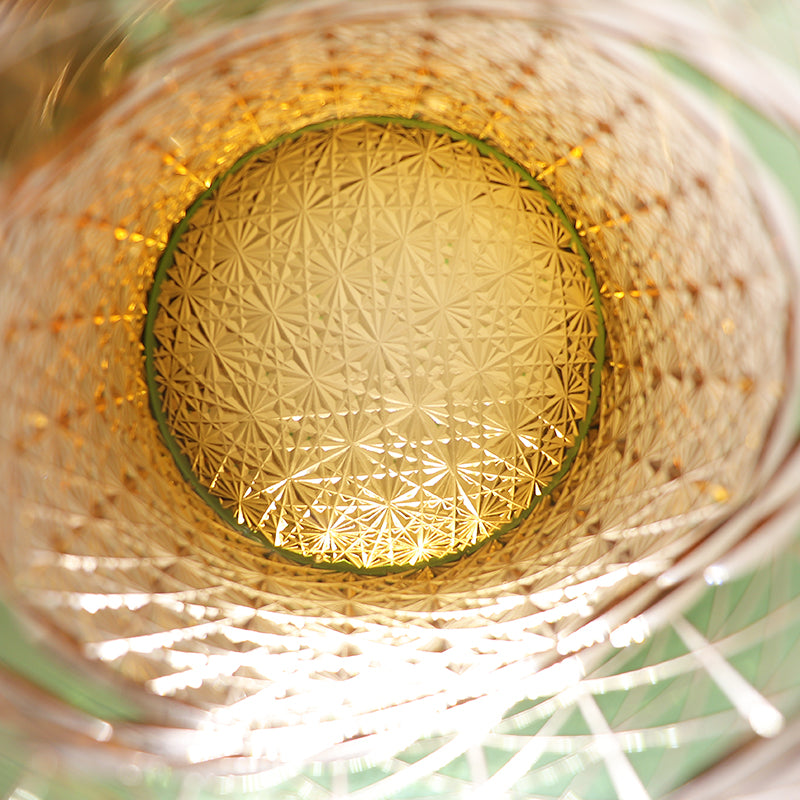JP-038  250 ml  Japanesque Style Green and Amber Color Cased Glass Whiskey Tumblers with Hand Engraved Mountain Chrysanthemum Pattern