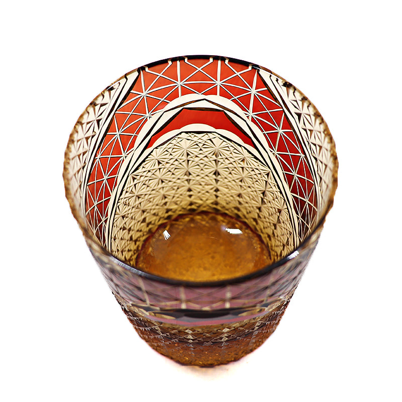 JP-038  250 ml  Japanesque Style Ruby Red and Amber Color Cased Glass Whiskey Tumblers with Hand Engraved Mountain Chrysanthemum Pattern