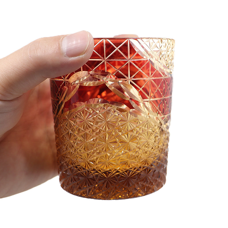 JP-038  250 ml  Japanesque Style Ruby Red and Amber Color Cased Glass Whiskey Tumblers with Hand Engraved Mountain Chrysanthemum Pattern