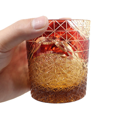 JP-038  250 ml  Japanesque Style Ruby Red and Amber Color Cased Glass Whiskey Tumblers with Hand Engraved Mountain Chrysanthemum Pattern