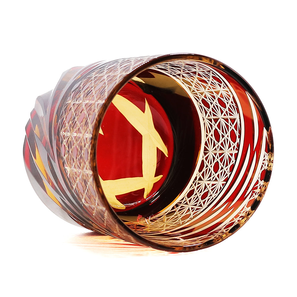 JP-031  Hand blown Ruby Red and Amber Colored Glass Whiskey Tumblers with Handcraft Carved Diamond Pattern