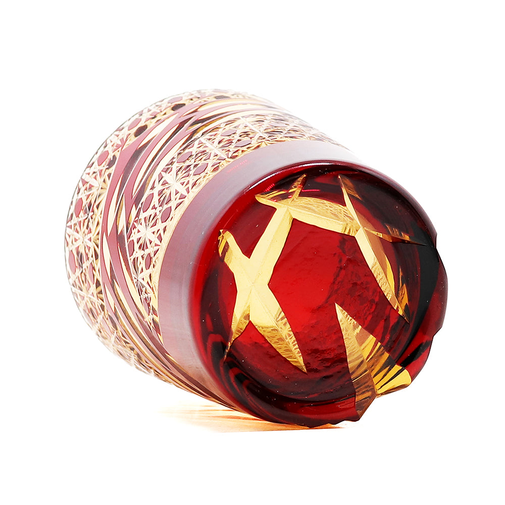 JP-031  Hand blown Ruby Red and Amber Colored Glass Whiskey Tumblers with Handcraft Carved Diamond Pattern