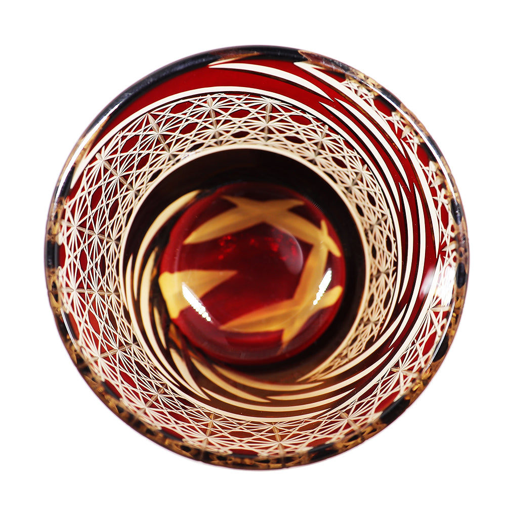 JP-031  Hand blown Ruby Red and Amber Colored Glass Whiskey Tumblers with Handcraft Carved Diamond Pattern