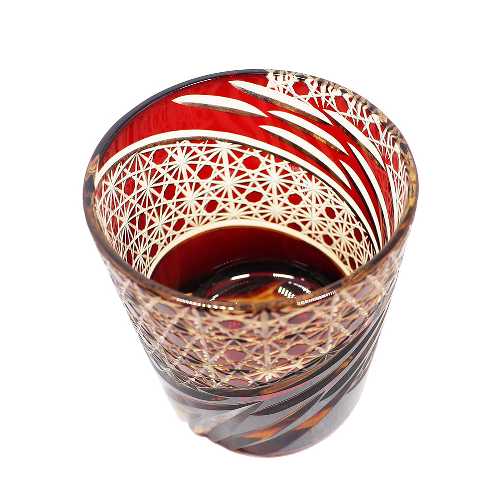 JP-031  Hand blown Ruby Red and Amber Colored Glass Whiskey Tumblers with Handcraft Carved Diamond Pattern