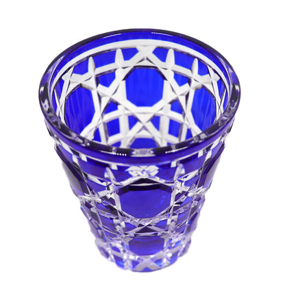 JP-045 Blue and Clear overlaid Crystal Glass Highball Glass Tumblers---Hand engraved big diamond Patterns