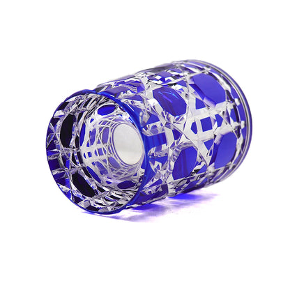 JP-045 Blue and Clear overlaid Crystal Glass Highball Glass Tumblers---Hand engraved big diamond Patterns