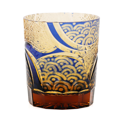 JP-041 250 ml Handcrafts Blue and Amber Color Tinted Glass Cocktail Whiskey Tumbler With Edo Kiriko's Moon and Waves Design