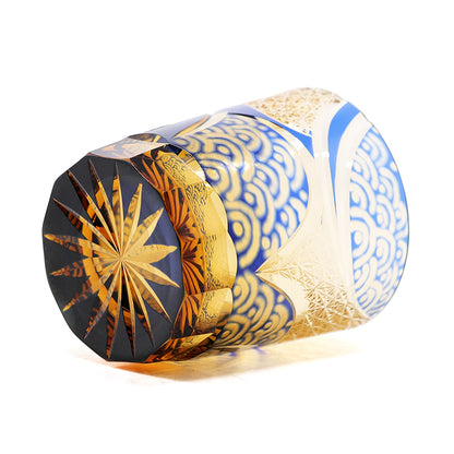 JP-041 250 ml Handcrafts Blue and Amber Color Tinted Glass Cocktail Whiskey Tumbler With Edo Kiriko's Moon and Waves Design