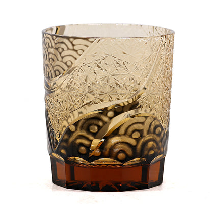 JP-041 250 ml Hand blown Black and Amber Color Tinted Glass Whiskey Tumbler With Hand Engraved Moon and Waves Design