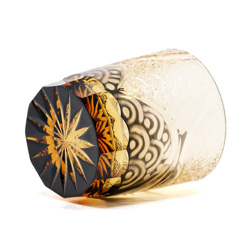 JP-041 250 ml Hand blown Black and Amber Color Tinted Glass Whiskey Tumbler With Hand Engraved Moon and Waves Design