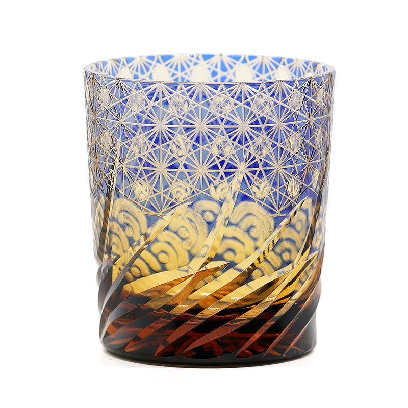 JP-041 250 ml Handcrafts Blue and Amber Color Tinted Glass Cocktail Whiskey Tumbler With Edo Kiriko's Moon and Waves Design