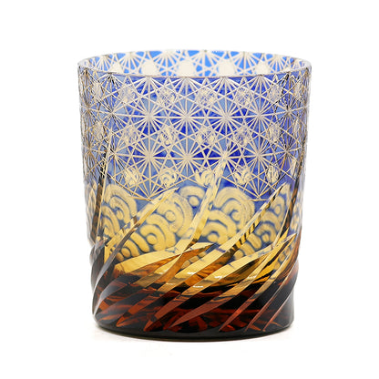 JP-041 250 ml Handcrafts Blue and Amber Color Tinted Glass Cocktail Whiskey Tumbler With Edo Kiriko's Moon and Waves Design