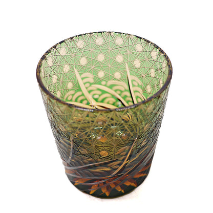 JP-040 240 ml Handcrafts Green and Amber Color Overlaid Glass Whiskey Tumbler Edo Kiriko's Roaring Waves Design In Gift Box
