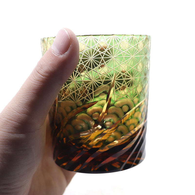 JP-040 240 ml Handcrafts Green and Amber Color Overlaid Glass Whiskey Tumbler Edo Kiriko's Roaring Waves Design In Gift Box
