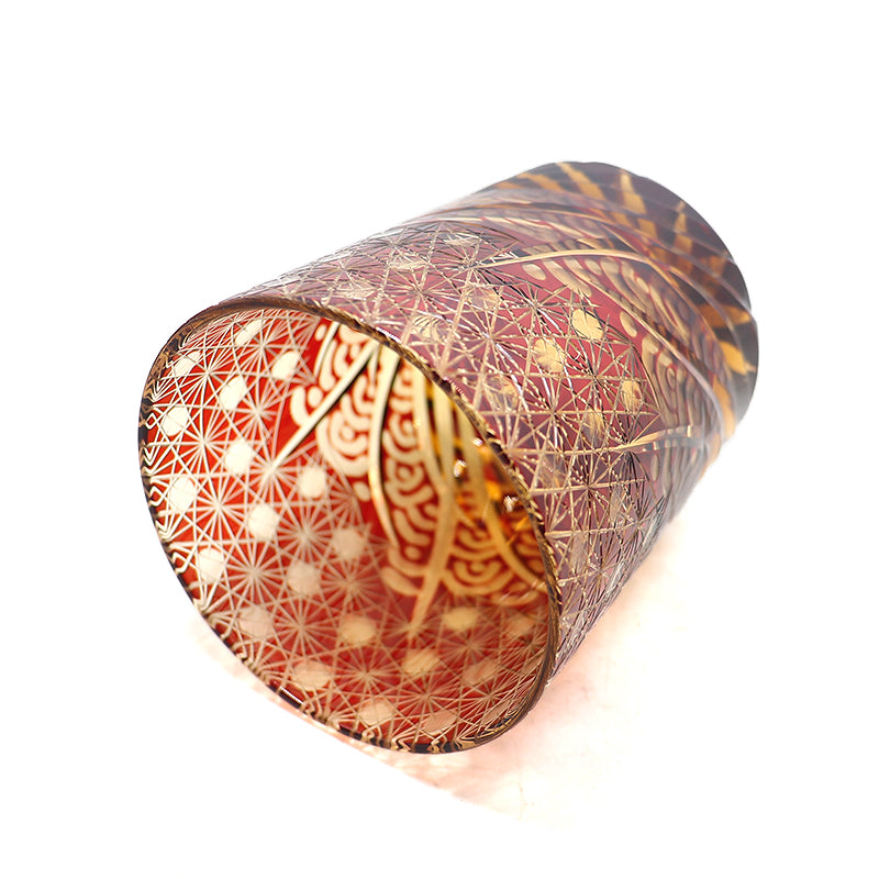 JP-040 240 ml Japanese Style Ruby Red Amber Whisky Glasses Edo Kiriko's Roaring Waves Design In Gift Box