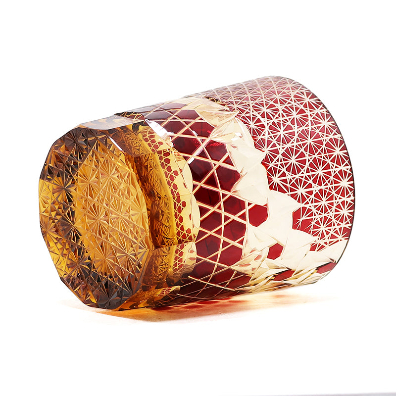 JP-039  250 ml Ruby Red and Amber Overlaid Glass Cold Drinking Glass Tumbler With Hand Carved Geometric Design