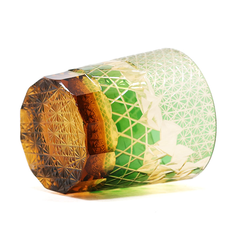 JP-039  250 ml Green and Amber Overlaid Glass Cold Drinking Glass Tumbler With Hand Carved Geometric Design