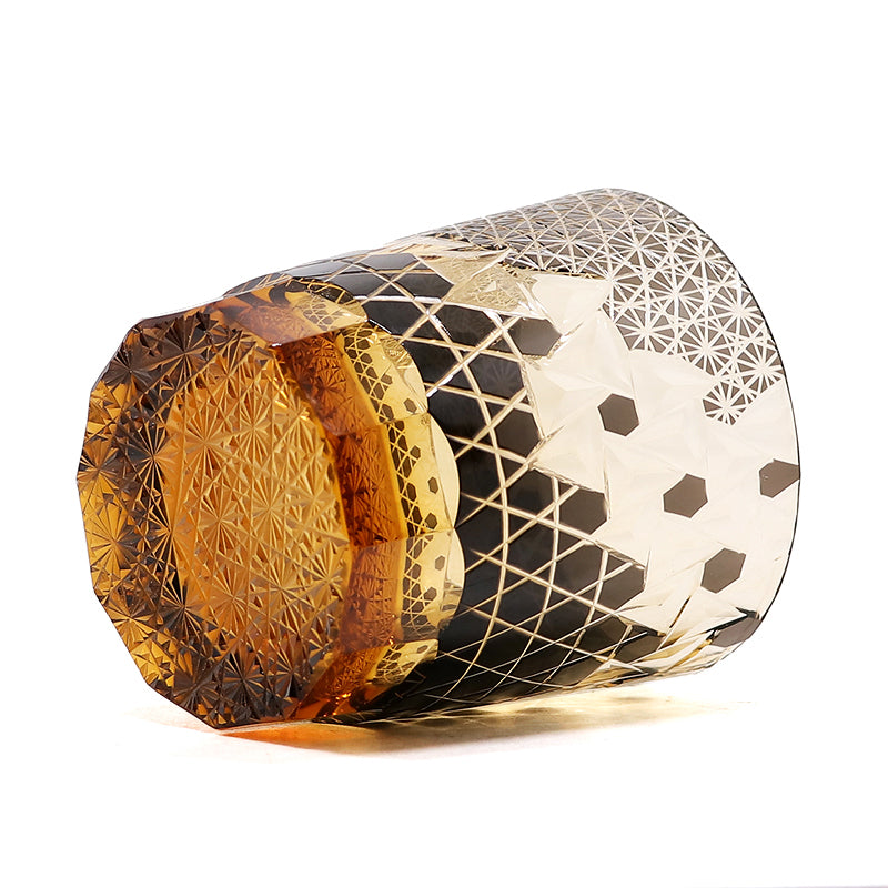 JP-039  250 ml Black and Amber Overlaid Glass Cold Drinking Glass Tumbler With Hand Carved Geometric Design