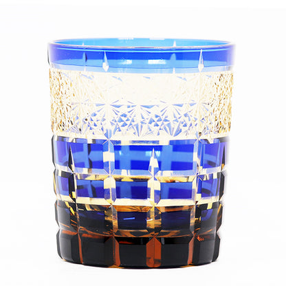 JP-021 Japanese Style Hand Cut To Blue and Amber Tinted Glass Whiskey Tumbler Rocks Glass Tumbler Edo Kiriko's Checked Chrysanthemum Pattern