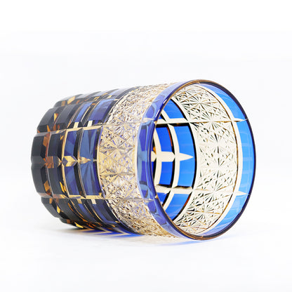 JP-021 Japanese Style Hand Cut To Blue and Amber Tinted Glass Whiskey Tumbler Rocks Glass Tumbler Edo Kiriko's Checked Chrysanthemum Pattern