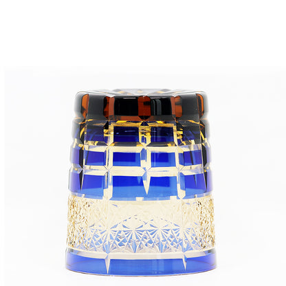 JP-021 Japanese Style Hand Cut To Blue and Amber Tinted Glass Whiskey Tumbler Rocks Glass Tumbler Edo Kiriko's Checked Chrysanthemum Pattern