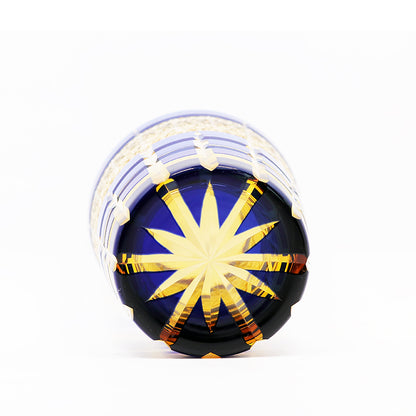 JP-021 Japanese Style Hand Cut To Blue and Amber Tinted Glass Whiskey Tumbler Rocks Glass Tumbler Edo Kiriko's Checked Chrysanthemum Pattern
