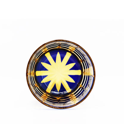JP-021 Japanese Style Hand Cut To Blue and Amber Tinted Glass Whiskey Tumbler Rocks Glass Tumbler Edo Kiriko's Checked Chrysanthemum Pattern