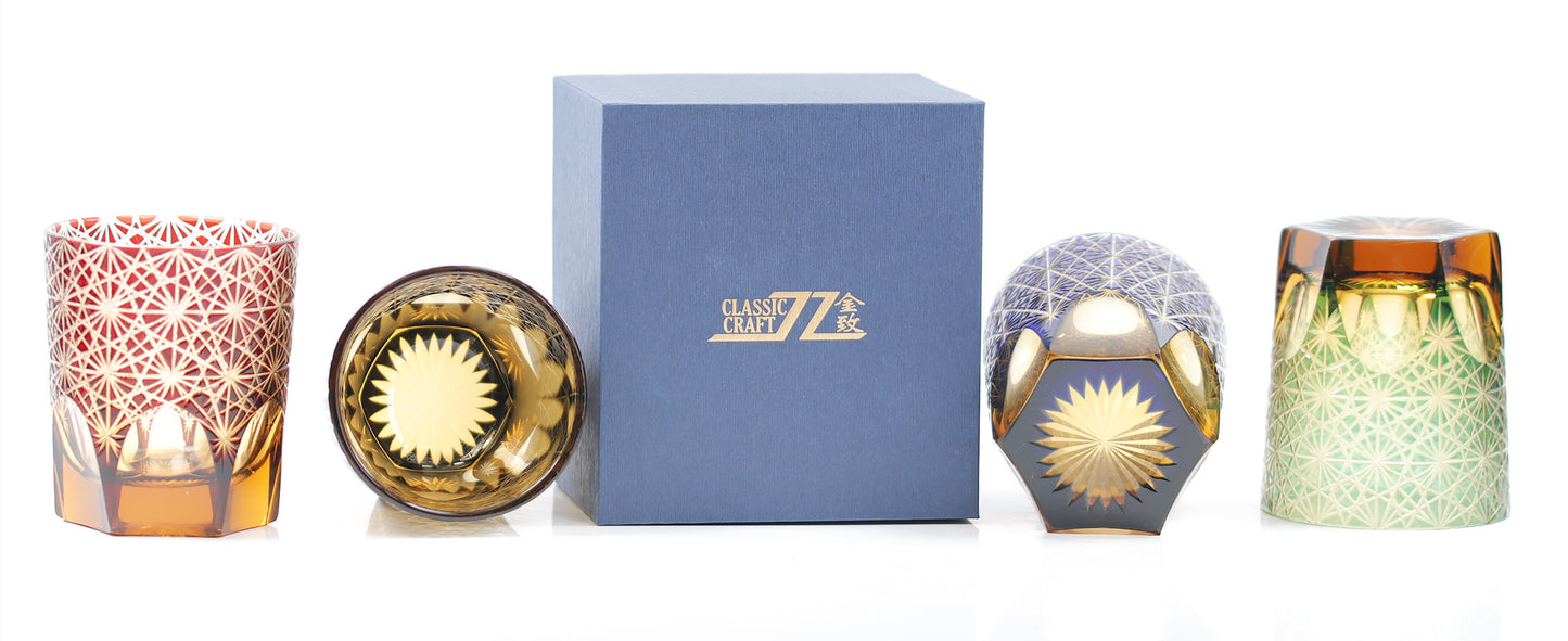 JP-048  250 ml Classic Japanesque Style Edo Kiriko Blue and Amber Color Overlay Glass Whiskey Tumblers with  Hand cut Chrysanthemum Design