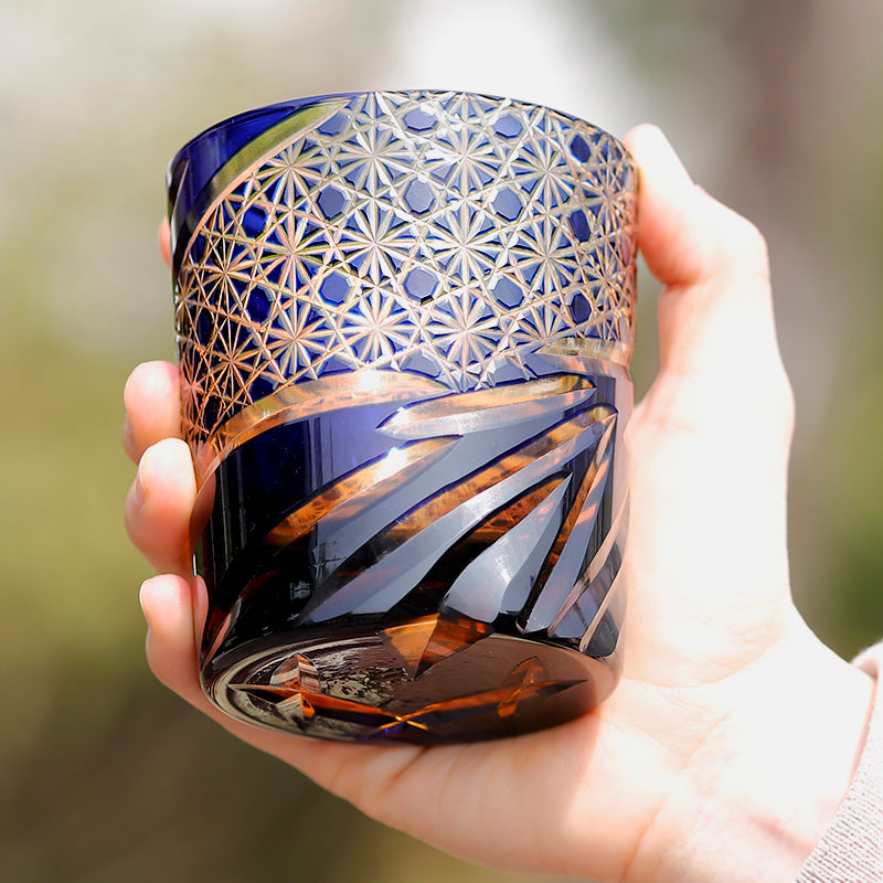 JP-031  Hand blown Blue and Amber Colored Glass Whiskey Tumblers with Handcraft Carved Diamond Pattern