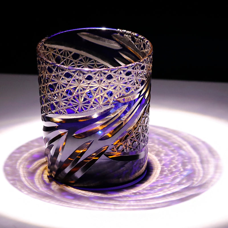 JP-031  Hand blown Blue and Amber Colored Glass Whiskey Tumblers with Handcraft Carved Diamond Pattern