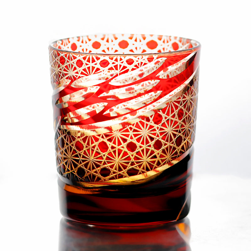 JP-031  Hand blown Ruby Red and Amber Colored Glass Whiskey Tumblers with Handcraft Carved Diamond Pattern