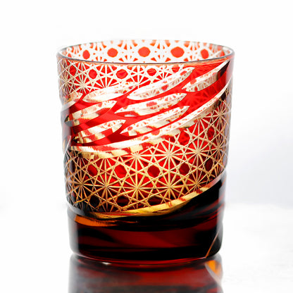 JP-031  Hand blown Ruby Red and Amber Colored Glass Whiskey Tumblers with Handcraft Carved Diamond Pattern