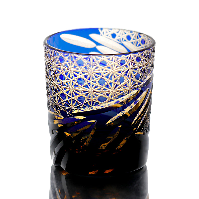 JP-031  Hand blown Blue and Amber Colored Glass Whiskey Tumblers with Handcraft Carved Diamond Pattern
