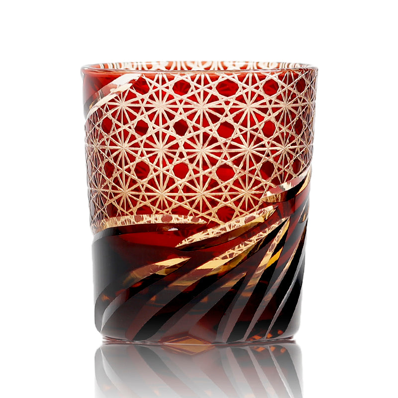 JP-031  Hand blown Ruby Red and Amber Colored Glass Whiskey Tumblers with Handcraft Carved Diamond Pattern