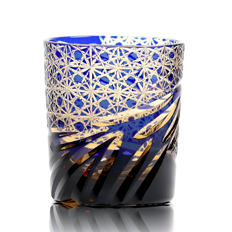 JP-031  Hand blown Blue and Amber Colored Glass Whiskey Tumblers with Handcraft Carved Diamond Pattern