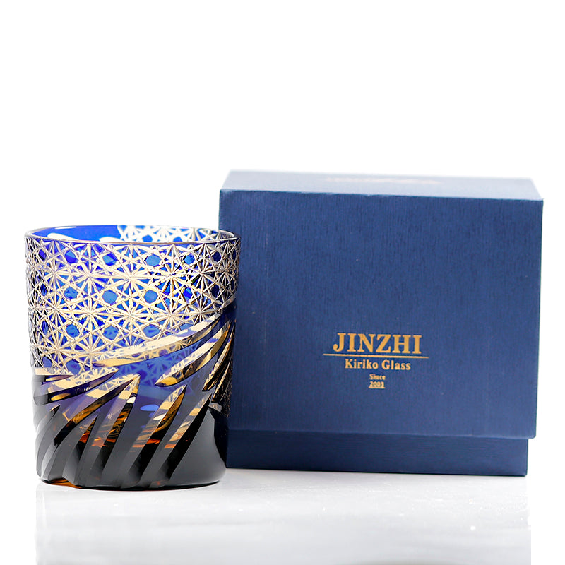JP-031  Hand blown Blue and Amber Colored Glass Whiskey Tumblers with Handcraft Carved Diamond Pattern
