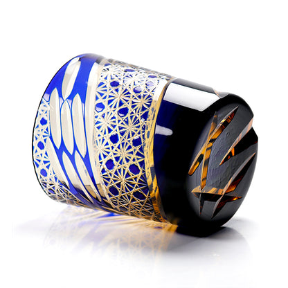 JP-031  Hand blown Blue and Amber Colored Glass Whiskey Tumblers with Handcraft Carved Diamond Pattern
