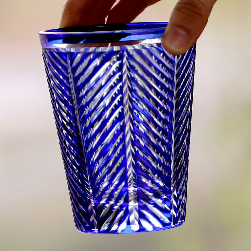 JP-046 Blue and Transparent overlaid Glass Highball Tumblers---Hand Cut To Clear Feather Design