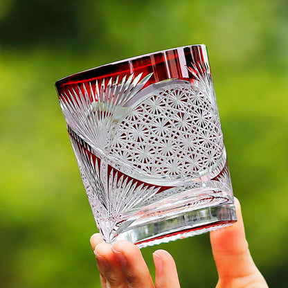 Hand Cut Edo Kiriko Wings Design Whiskey Glass 9oz Clear Red