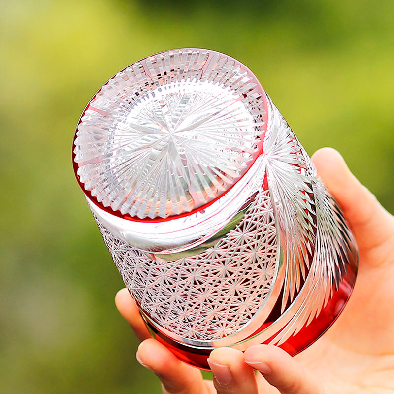 Hand Cut Edo Kiriko Wings Design Whiskey Glass 9oz Clear Red