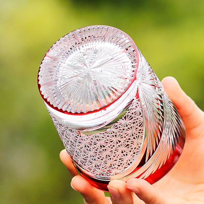 Hand Cut Edo Kiriko Wings Design Whiskey Glass 9oz Clear Red