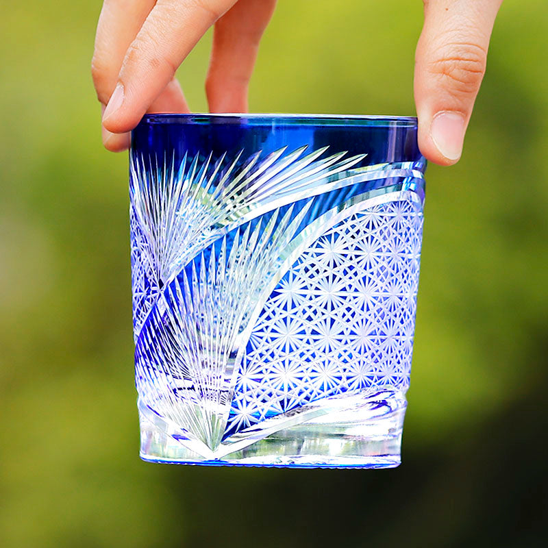 Hand Cut Edo Kiriko Wings Design Whiskey Glass 9oz Clear Blue