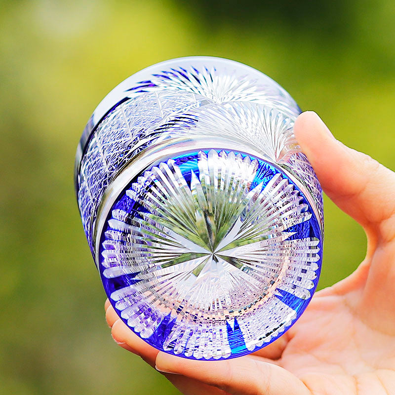 Hand Cut Edo Kiriko Wings Design Whiskey Glass 9oz Clear Blue